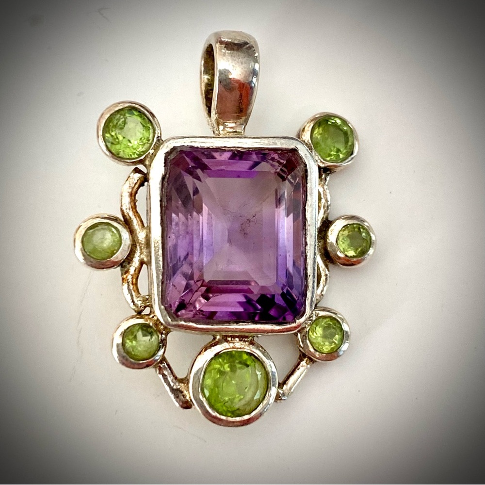 Sterling Silver (.925) Hand Crafted Pendant With Natural Amethyst And Peridot